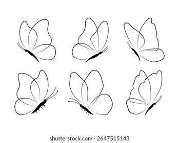Conjunto de borboletas pretas isoladas sobre fundo branco, coleção de silhuetas. Cor preta borboleta, forma voadora, design vetorial. Contornos de borboleta monarca moderno abstrato para decoração

