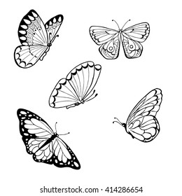 Set of black butterflies isolated on white background. Hand drawn vector illustration.