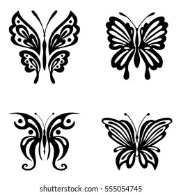 Set of black butterflies silhouettes isolated on white background. Vector illustration can be used for tattoo, logo, web, print design, logotype and branding.