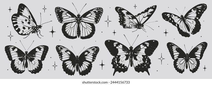 Set of black butterflies in the style of grunge stamp and organic shapes. Tattoo silhouette, hand drawn stickers, Y2k aesthetic. Vector graphic in trendy retro 90s style. Grain texture butterfly