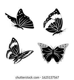 Set black butterfly icon in flat style with white background. Vector illustration.