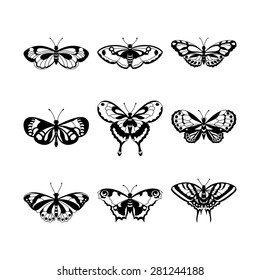 Set of black butterfly silhouettes, vector illustration