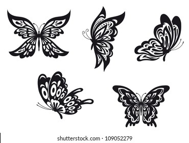 Set of black butterfly tattoos. Vector illustration