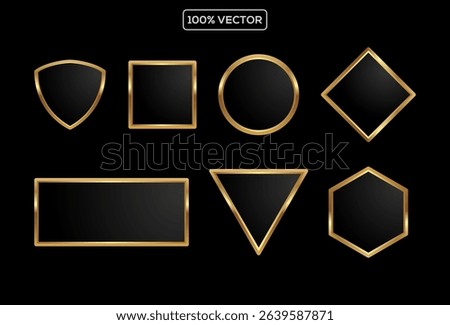 set of Black button with golden frame vector illustration. 3d glossy elegant design for empty label on black background