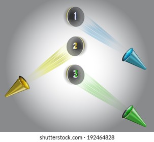Set of black buttons illuminated by spotlights