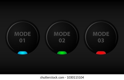 Set of black buttons with indicators. Round buttons with color indicators for different modes.