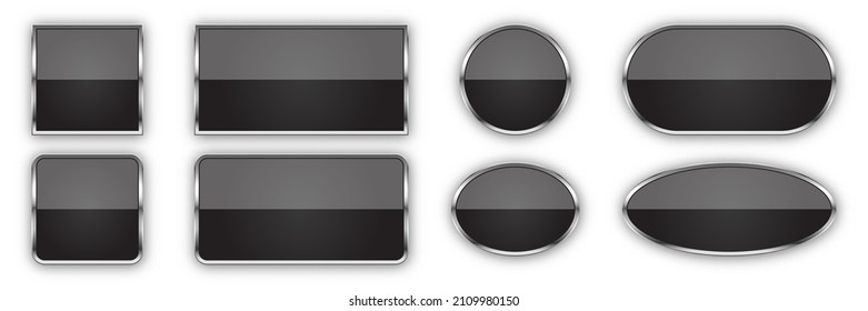 Set of black buttons with metallic frame. Vector glossy buttons isolated.