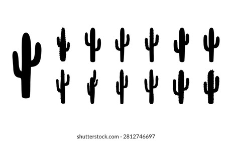 A set of black cactus silhouettes in different sizes and shapes, emphasizing desert flora and arid landscape themes.