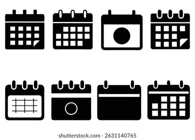 Set of Black Calendar Icons – Schedule, Planner, Event and Date Symbols in Flat Style