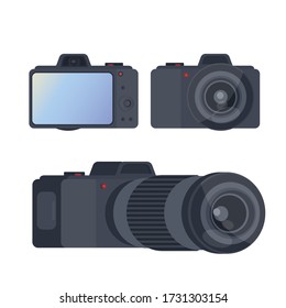 Set of black camera. Large screen camera isolated on a white background. Foreground and background. Vector.
