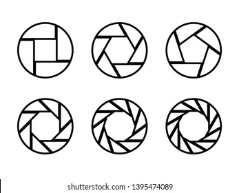 Set of black camera lens aperture icons isolated on light background. Camera objective icon. Shutter icon. Focus icon. Zoom objective for photographer. Simple diagrams set. Vector illustration.
