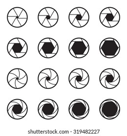 Set of black camera lens aperture icons isolated on a white background. Two ranges of various aperture sizes. Vector illustration