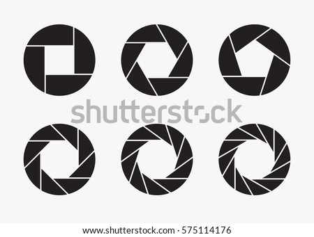 Set of black camera lens aperture icons isolated on light background. Camera objective icon. Shutter icon. Focus icon. Zoom objective for photographer. Simple diagrams set. Vector illustration.