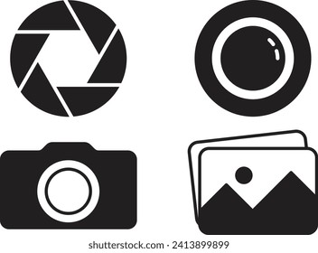A set of black camera, photo, lens, and lens shutter icons.