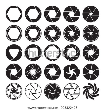 Set of black camera shutter icons on white background. Vector illustration