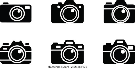 A set of black camera symbols, including different lens and button configurations, perfect for photography, media, or technology themes.