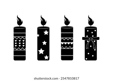 Set of black candle silhouettes for religious commemoration and party icons. Collection of flat symbols of burning candles. White background. Vector Illustration.