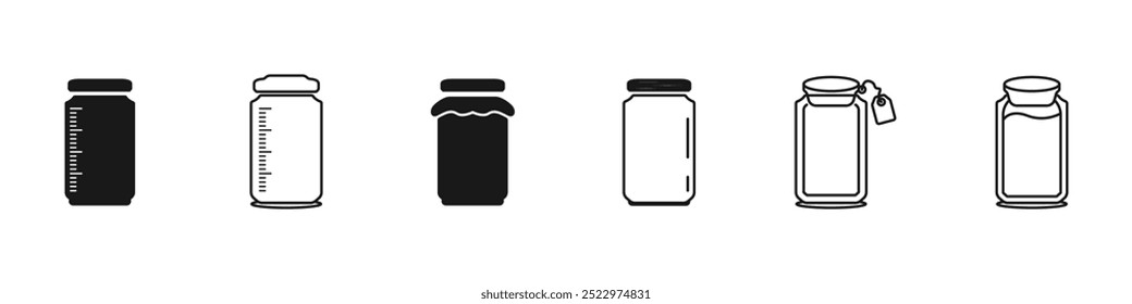 Satz schwarzer Dosen, Vektorsymbole. Glasbehälter für Aufbewahrungssymbole. Eine Sammlung von Glasbehältern in einem einfachen schwarzen Stil. Behälter zur Aufbewahrung von Flüssigkeiten, Vektor. Vektorgrafik.