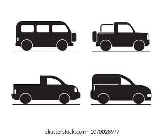 Set of black car icons. Motor vehicle, pickup truck, pick-up, traffic, Vector Illustration