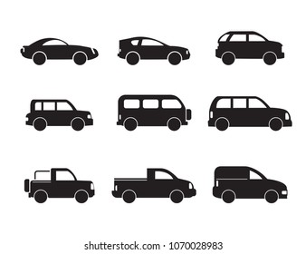 Set of black car icons. Motor vehicle, pickup truck, pick-up, traffic, Vector Illustration