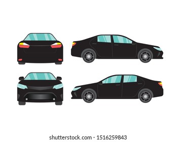 Set of black car view on white backgruond,illustration vector,Side, front, back,Business sedan isolated