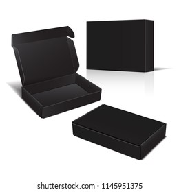 Set of Black Cardboard Box. Vector 3d Package for Software, electronic device and other products for your design