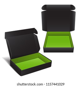 Set of Black Cardboard Box. Vector Package for Software, electronic device and other products. 3d realistic illustration for your design