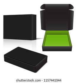 Set of Black Cardboard Box. Vector Package for Software, electronic device and other products. Realistic illustration for your design