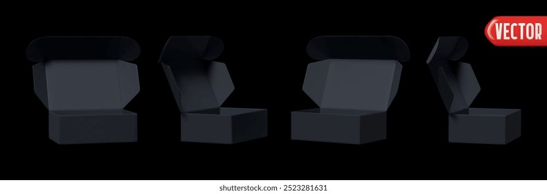 Conjunto de caixas abertas de papelão preto realístico 3d design isolado no fundo branco. Coleção de caixa de papel aberta. ilustração vetorial