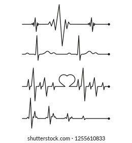Set black cardiogram lines isolated on white background.