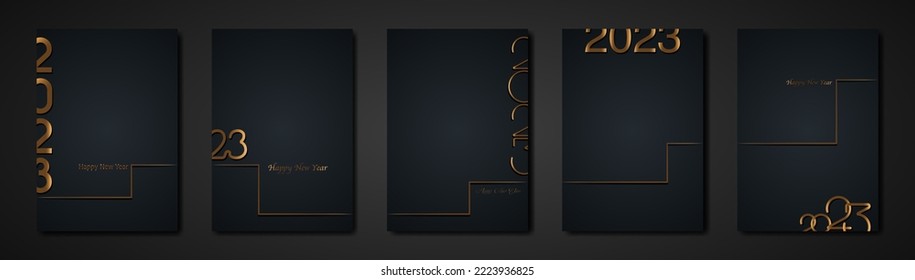 set black cards 2023 Happy New Year gold texture, golden luxury dark modern background, elements for calendar and greetings card or Christmas themed winter holiday invitations with copy space for text