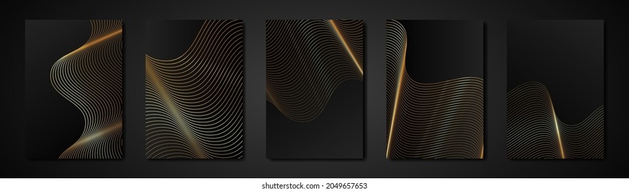 Set black cards abstract engraving golden texture. Wavy etching background. Luxury Invitation or cover design template, wavy gold stripes and copy space. Vector illustration