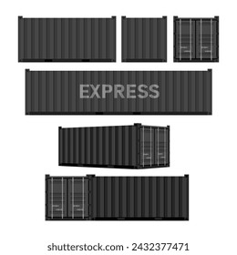 Set black cargo containers. Freight Shipping, delivery and transportation. Vector illustration