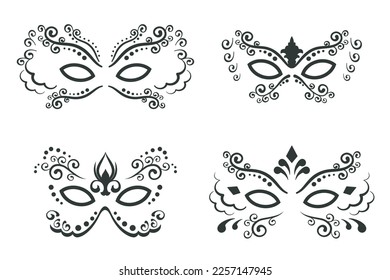 Set of Black carnival mask isolated on white background. Collection of Traditional Venetian masques. Symbol face hand drawn in linear style. Vector illustration for carnival holiday, Mardi Gras
