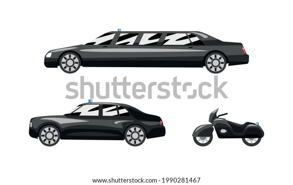 Set of Black Cars\
Luxury Road Vehicles, Side View of Sedan, Limousine, Motorcycle\
Flat Vector Illustration
