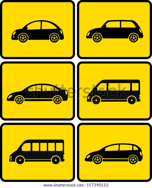 set of black\
cars silhouettes on yellow\
buttons