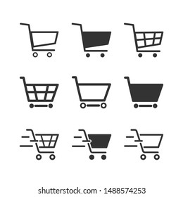 Set of black cart icons, Symbols of buy, shopping, and checkout. Design element on white background. Fast feeling. Online shopping concept. Vector illustration.