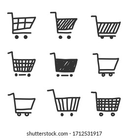 Set of black cart icons, Symbols of shopping. Design element on white background. Hand-drawn style. Doodle line. Vector illustration.
