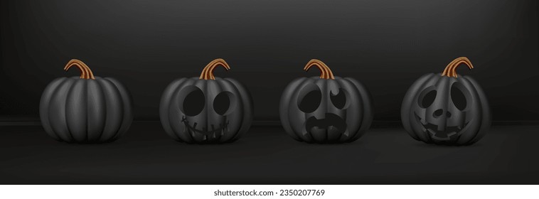 Set of black cartoon character holiday Halloween pumpkins with joyful smiling emotions, jack o lanterns for party.