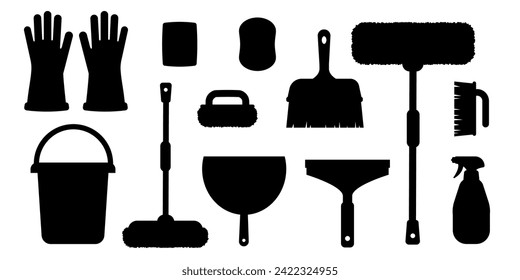 Set of black cartoon cleaning tools for washing window, floor and wet cleaning isolated on white background. Professional cleaning tools silhouettes