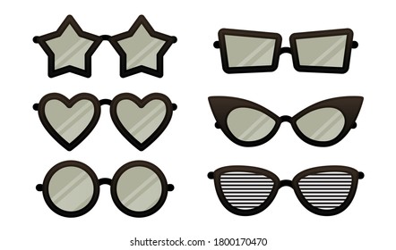 Set of black cartoon eye glasses with various shapes isolated on white background. Vector heart, star, round square and cat eye eyeglasses collection. 