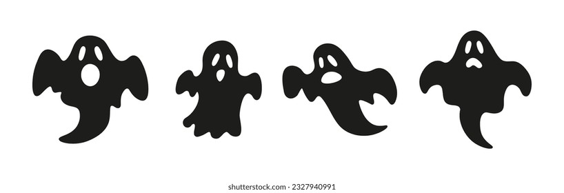 Set of black cartoon ghosts. Halloween clipart. Vector