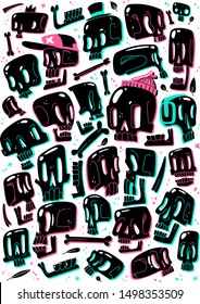 set of black cartoon skulls different proportions game imbalances characters variations fashion cute hipster collection stickers prints