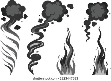 Set of black cartoon smoke and fire plume shapes with illustration explosion abstract collection isolated