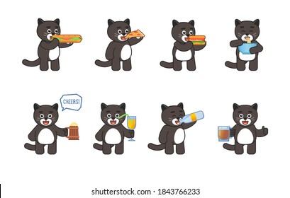 Set of black cat characters eating fast food and drinking various drinks. Cute dark cat mascot holding hamburger, pizza, cup of noodles, beer mug, glass of juice. Vector illustration bundle