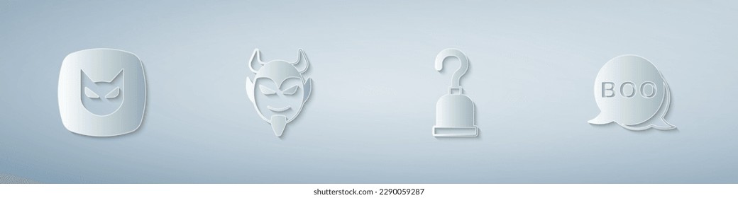 Set Black cat, Devil head, Pirate hook and Boo speech bubble. Paper art style. Vector