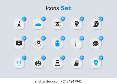 Set Black cat, Eye, Moon and stars, Coffin with christian cross, Happy Halloween holiday, Boo speech bubble, Pirate hook and Ghost icon. Vector