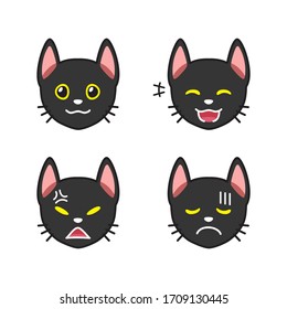 Set of black cat faces showing different emotions for design.