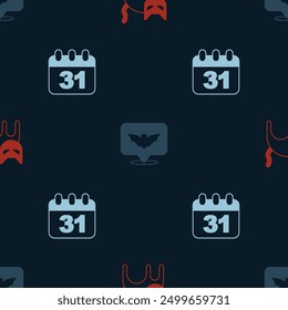 Set Black cat, Flying bat and Halloween date 31 october on seamless pattern. Vector