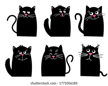 Set black cat. Funny Kawaii animal. Pets collection. Isolated on White background. Cute cartoon character. Vector cartoon Illustration in flat.